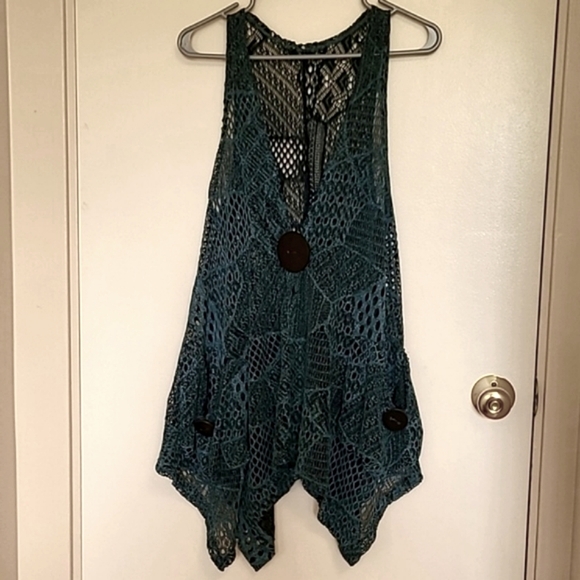 Ladies Turquoise and Black Lace Cover-up Top Large - Picture 1 of 6